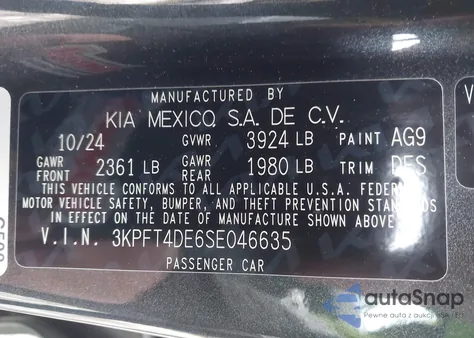 2025 Kia K4 Lxs z USA, uszkodzony, nr VIN 3KPFT4DE6SE046635